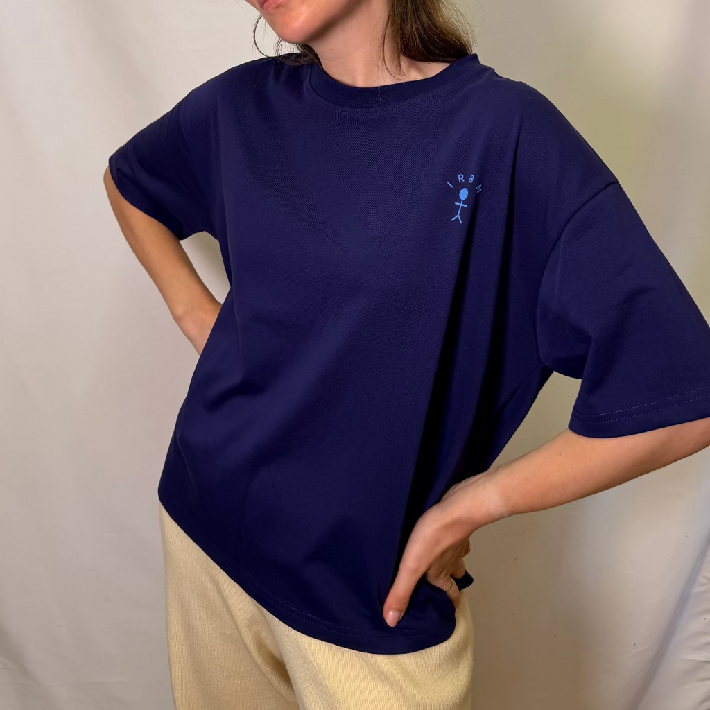 IRBN boxy t-shirt in Navy, front full view showing relaxed oversized fit and embroidered stick figure logo, 250gsm organic cotton

